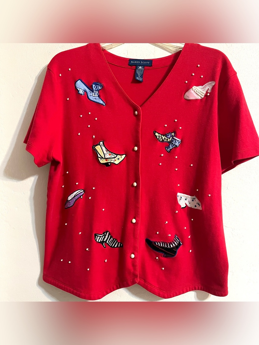 Karen Scott Red Embellished High Heels Short-Sleeve Cardigan Top Size Medium